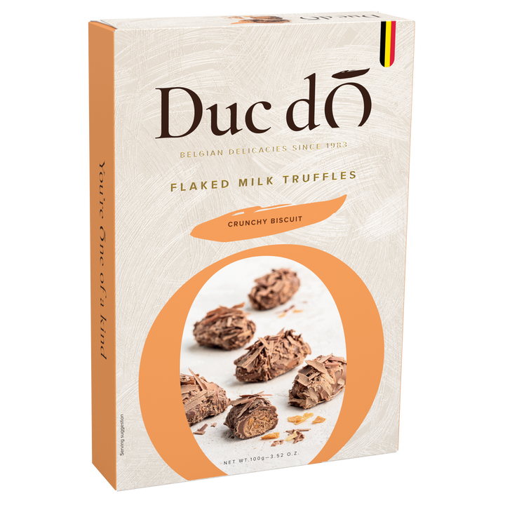 Duc d’O milk crunchy biscuit flaked truffles, 100 g orange and white box