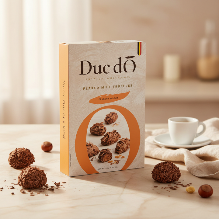 Duc d’O milk crunchy biscuit flaked truffles, 100 g box with truffles and coffee