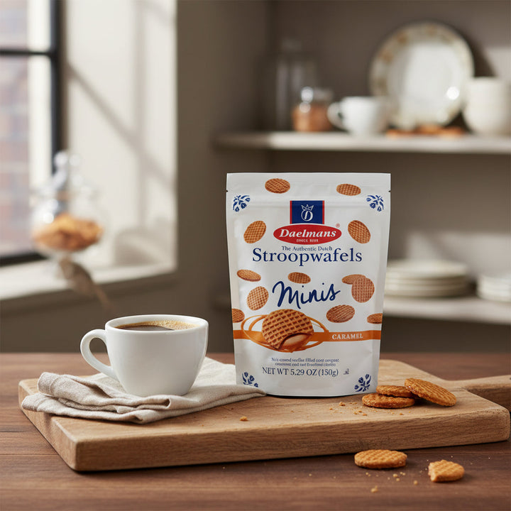 Daelmans Minis caramel stroopwafels, 150 g pouch with coffee and loose waffles