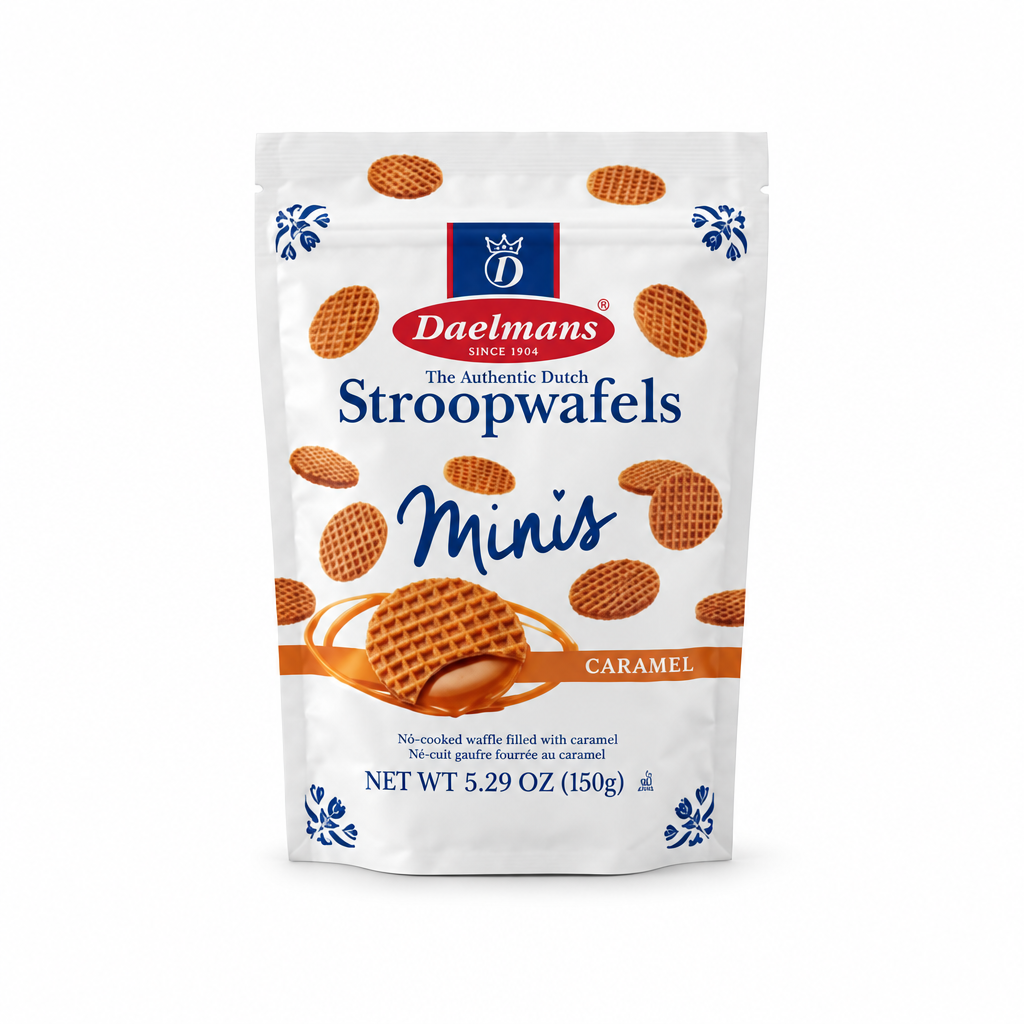 Daelmans Minis caramel stroopwafels, 150 g pouch, front view