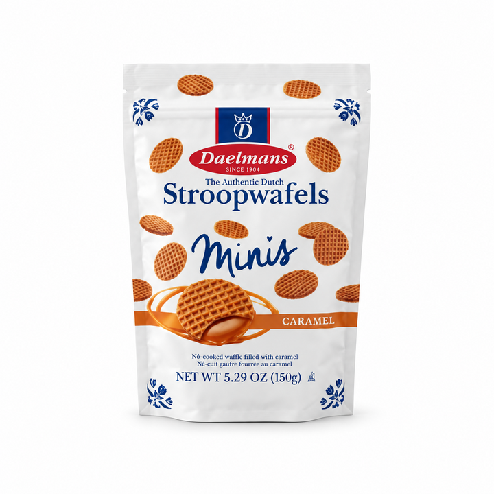 Daelmans Minis caramel stroopwafels, 150 g pouch, front view