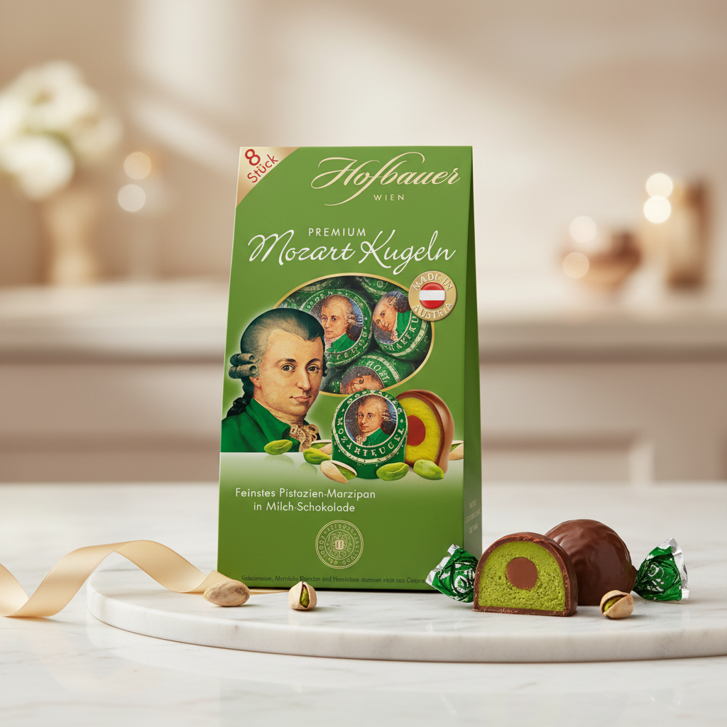 Hofbauer pistachio Mozart Balls 160 g green box with cut-open chocolate