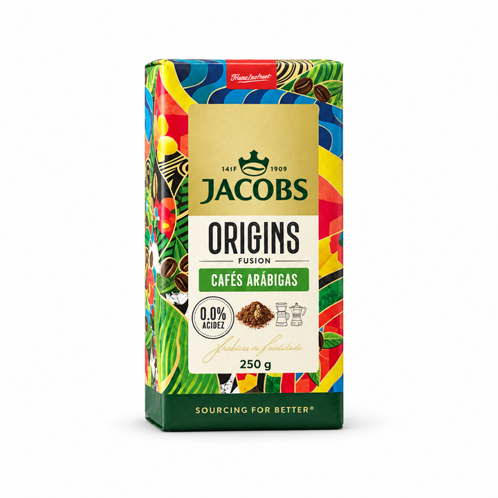 Jacobs Origins Brazil & Colombia ground coffee, 250 g package, front view