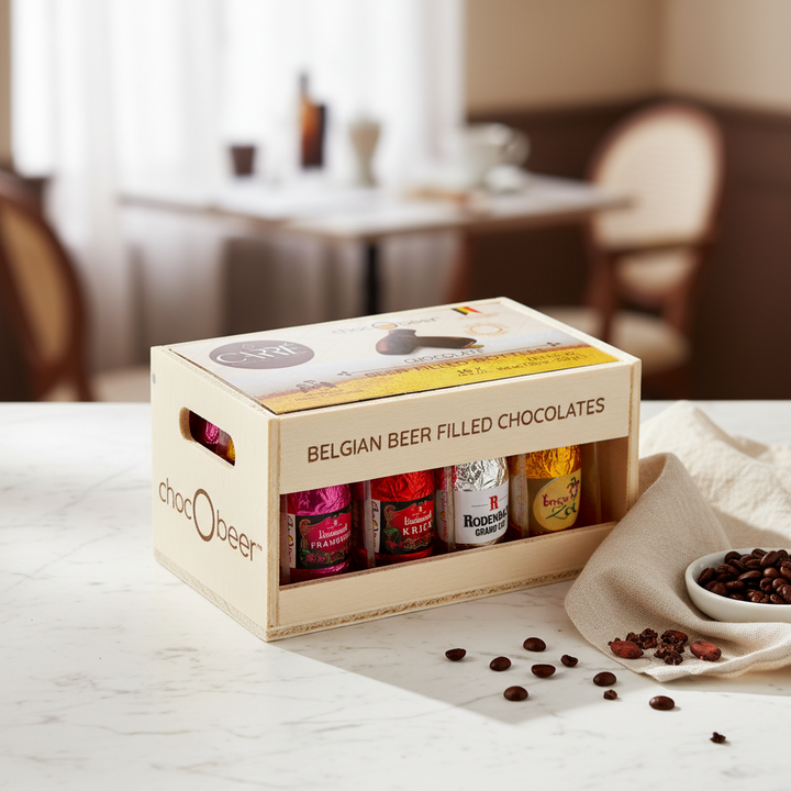 Carré beer-filled bottle-shaped chocolates in a 200 g wooden crate