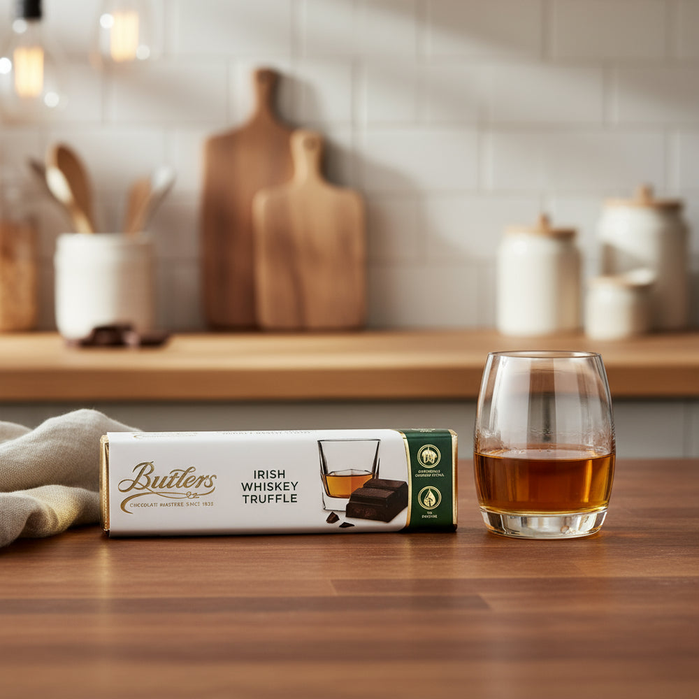 Butlers Irish Whiskey Chocolate Truffle Bar with a whiskey glass