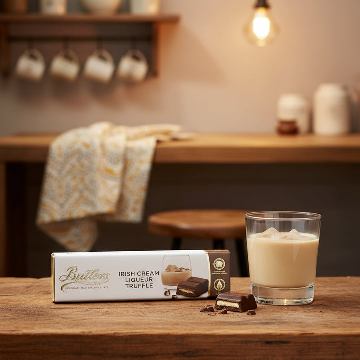 Butlers Milk Chocolate Irish Cream Truffle Bar with a glass of milk