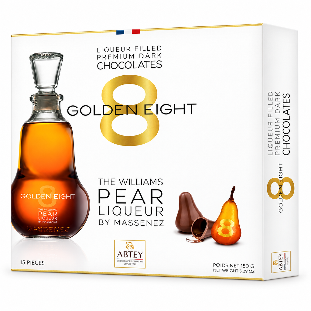 Abtey Chocolatier Golden 8 dark chocolates with pear liqueur gift box