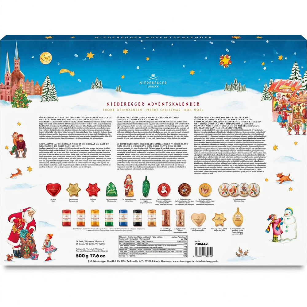 Niederegger Advent calendar packaging with illustrations and text on a snowy landscape background.