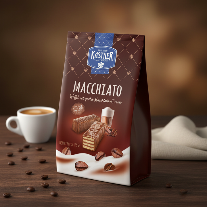 Kastner Macchiato Mignon Wafers, 195 g brown package beside espresso and coffee beans