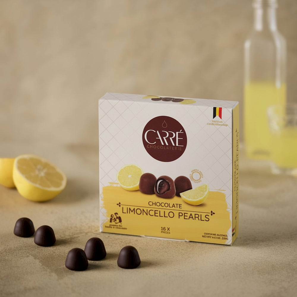 Carré Limoncello Pearls box with chocolate pearls, lemons and a limoncello bottle