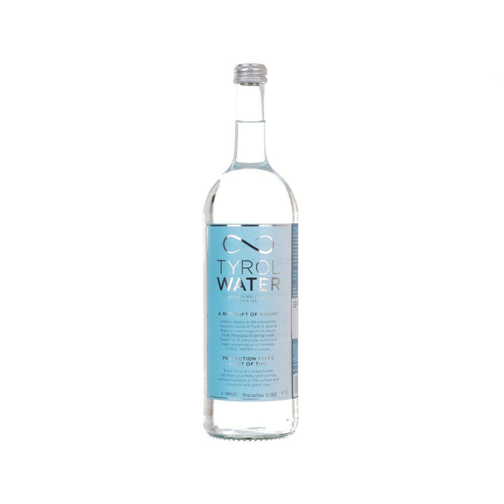 Front of Tyrol Water 750 ml glass bottle on white