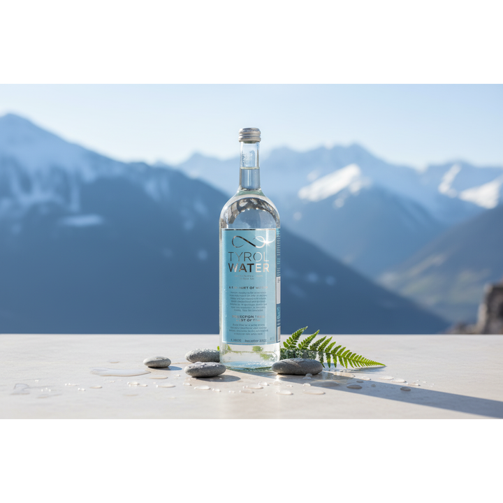 Tyrol Water 750 ml glass bottle displayed against the Austrian Alps