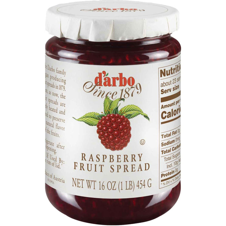 D'Arbo Raspberry Fruit Spread in a 16 oz glass jar