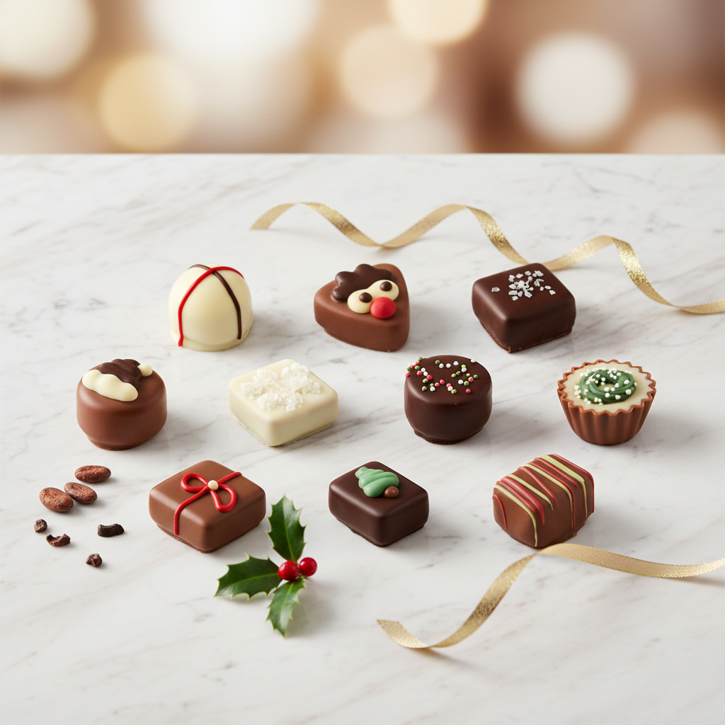 Ickx assorted decorated Christmas pralines on a white table with gold ribbon