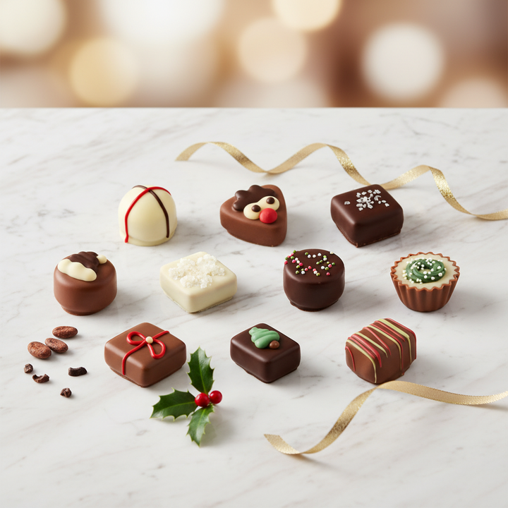 Ickx assorted decorated Christmas pralines on a white table with gold ribbon