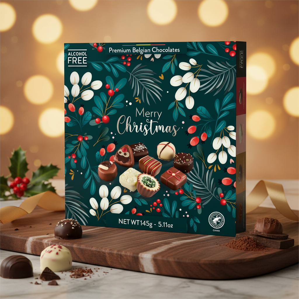 Ickx Merry Christmas Pralines, 145 g box displayed with assorted chocolates