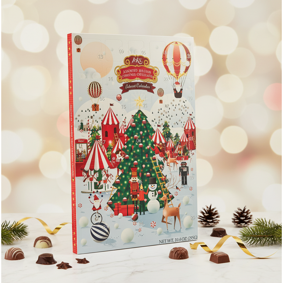 Ickx Luxurious Advent Calendar displayed with chocolates, pine branches and festive lights
