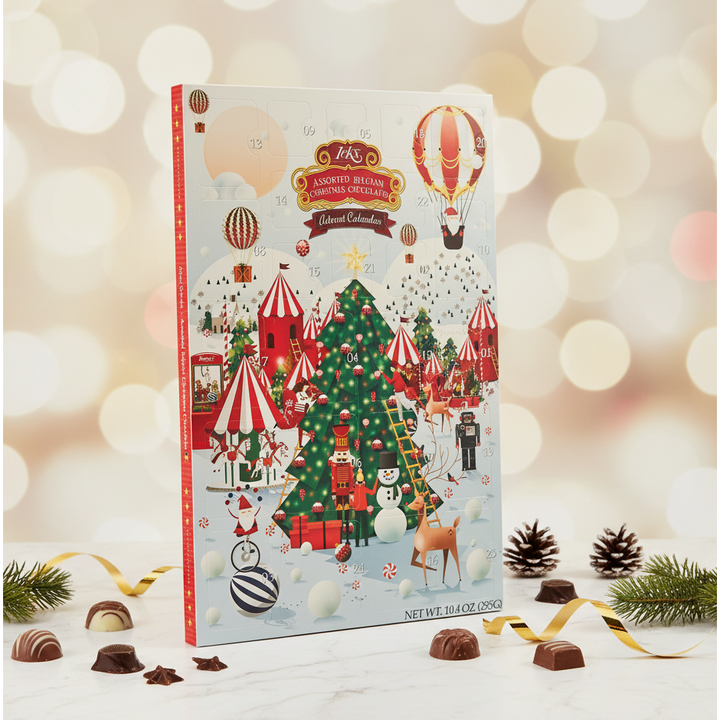 Ickx Luxurious Advent Calendar displayed with chocolates, pine branches and festive lights