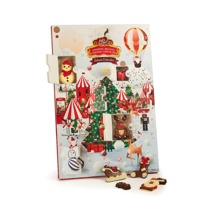 Ickx Luxurious Advent Calendar with open doors and assorted chocolates on a white background