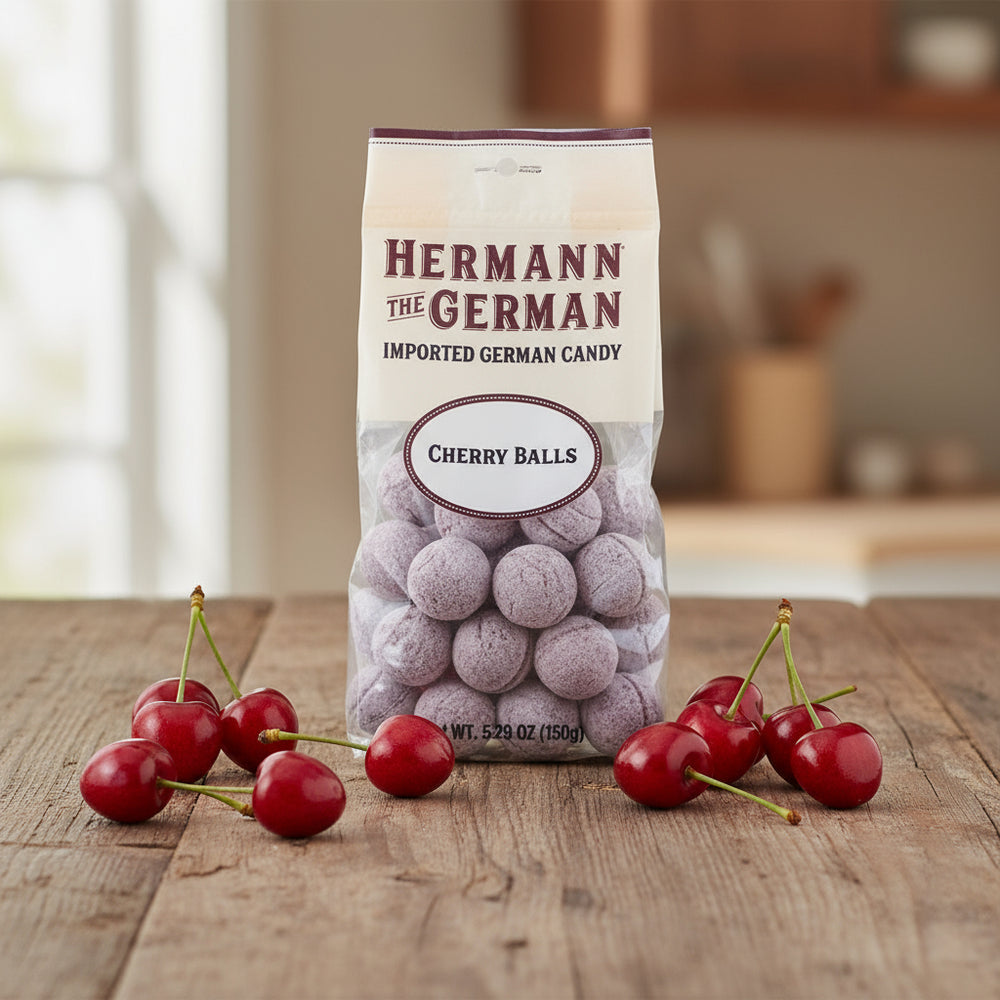 Hermann the German Cherry Balls candy in a 150 g jar with cherries