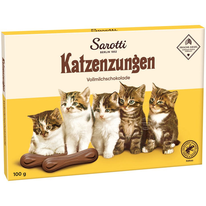 Sarotti Milk Chocolate Cat Tongues, 100 g box angled on white