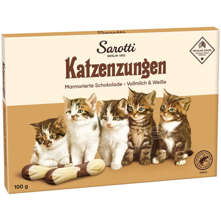 Sarotti Marbled Chocolate Cat Tongues, 100 g box angled on white