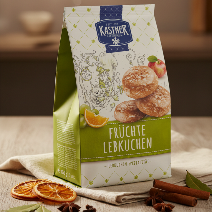 Kastner Fruit Gingerbread, 300 g green and white package with dried citrus and spices