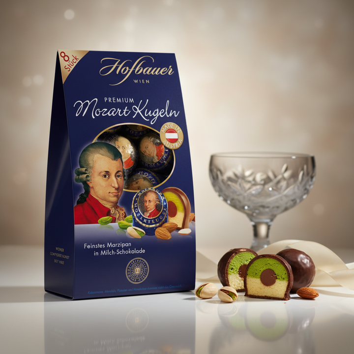 Hofbauer milk chocolate Mozart Balls, 160 g blue box with cut-open chocolate