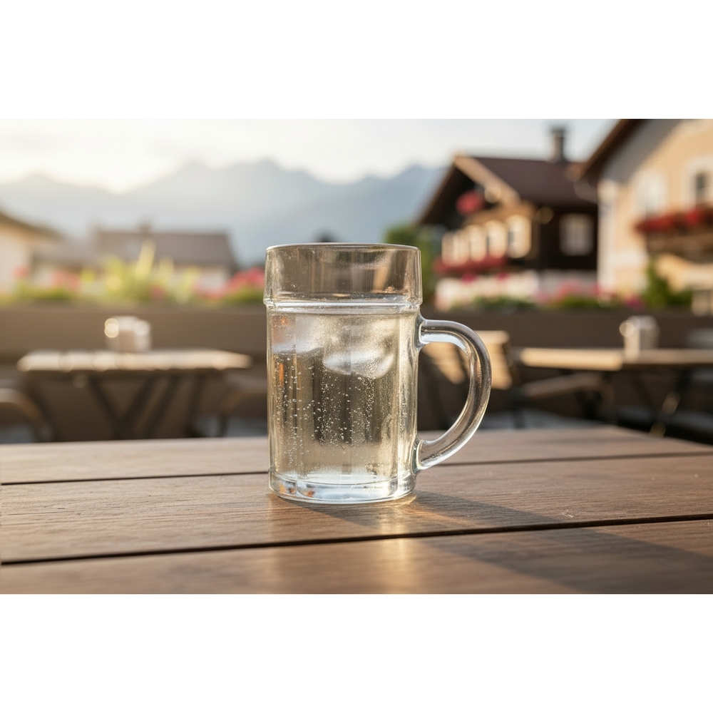 Single 250 ml Austrian Heuriger spritzer glass filled with white wine spritzer outdoors