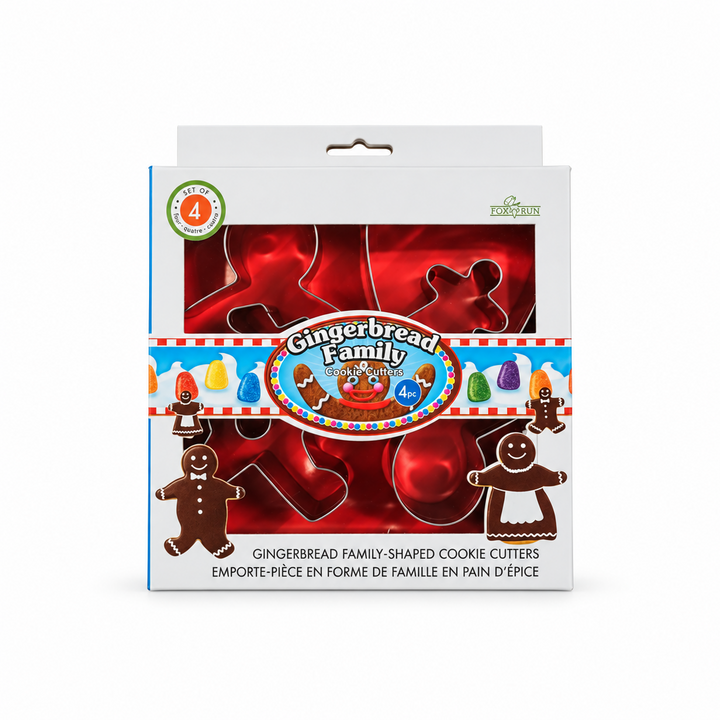 Fox Run 4-piece gingerbread family cookie cutter set in retail box
