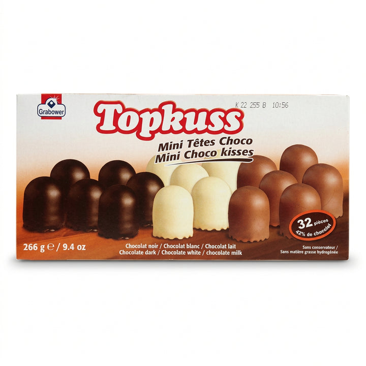 Box of Topkuss Mini Mini Choco kisses with chocolate and white varieties.