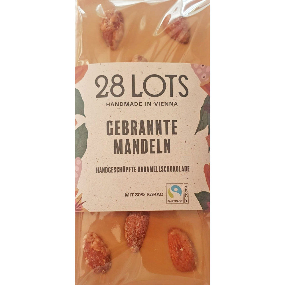 28 Lots caramel chocolate with roasted almonds bar, front view