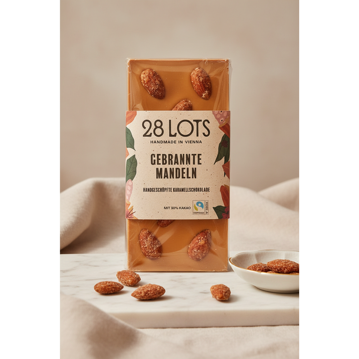 28 Lots caramel chocolate with roasted almonds bar displayed with almonds