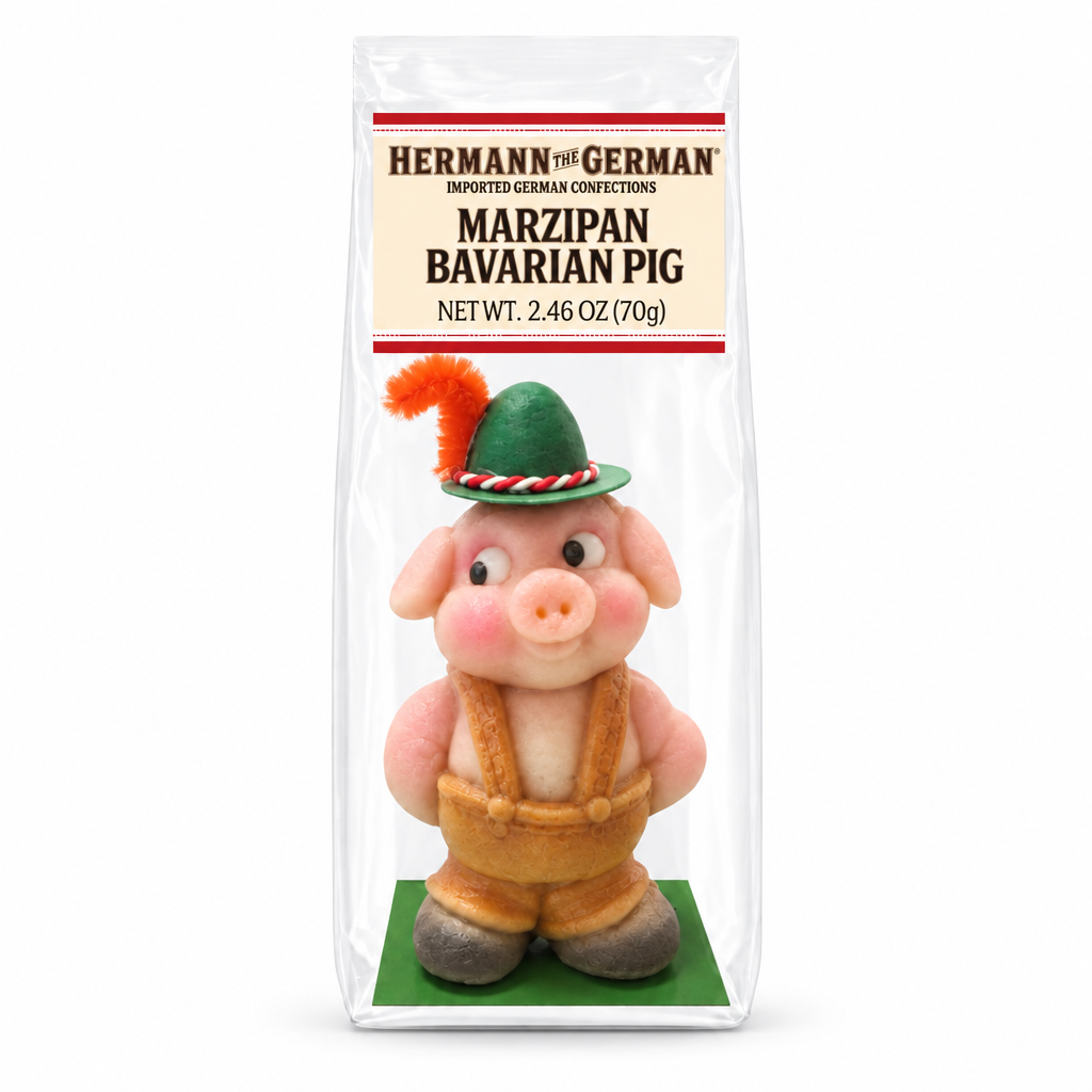 Herman the German Bavarian Pig in Confectionary Bag package on a white background