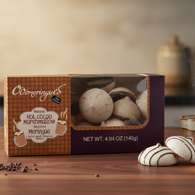 Box of Ooey Gooey Hot Cocoa Marshmallow Meringues on a white background