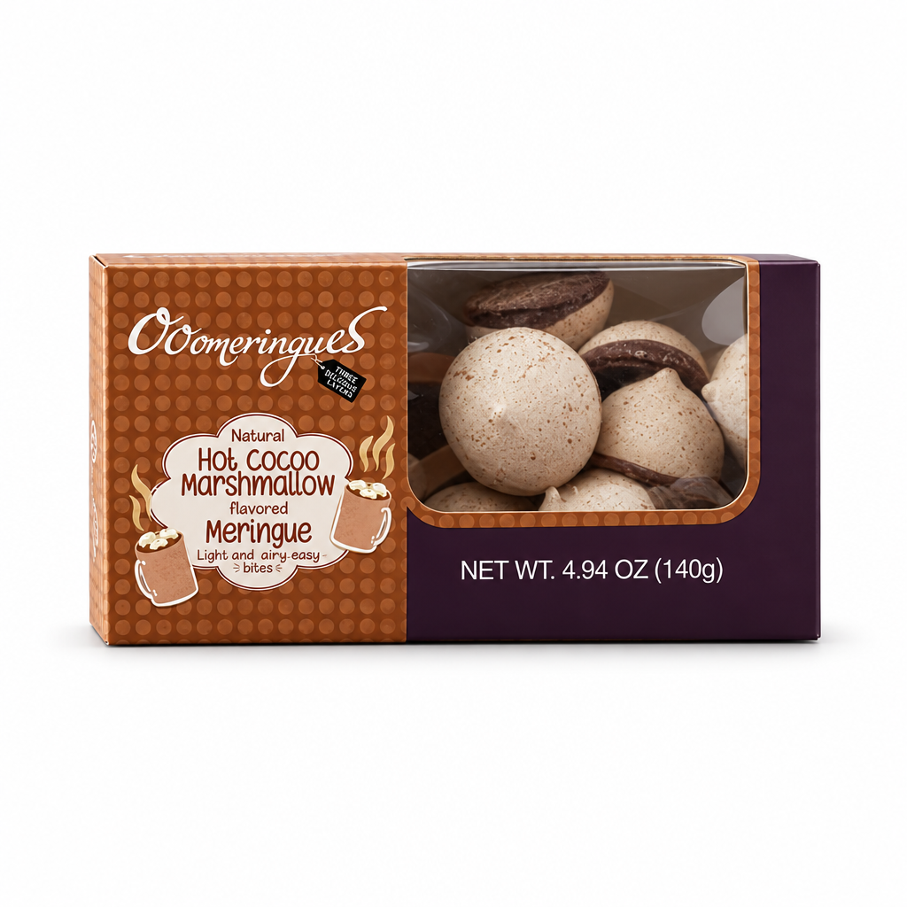 Ooomeringues Hot Cocoa meringues box on a white background