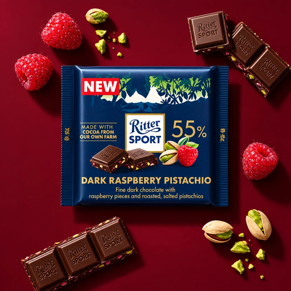 Ritter Sport 55% Dark Raspberry Pistachio chocolate package with chocolate squares, raspberries and pistachios