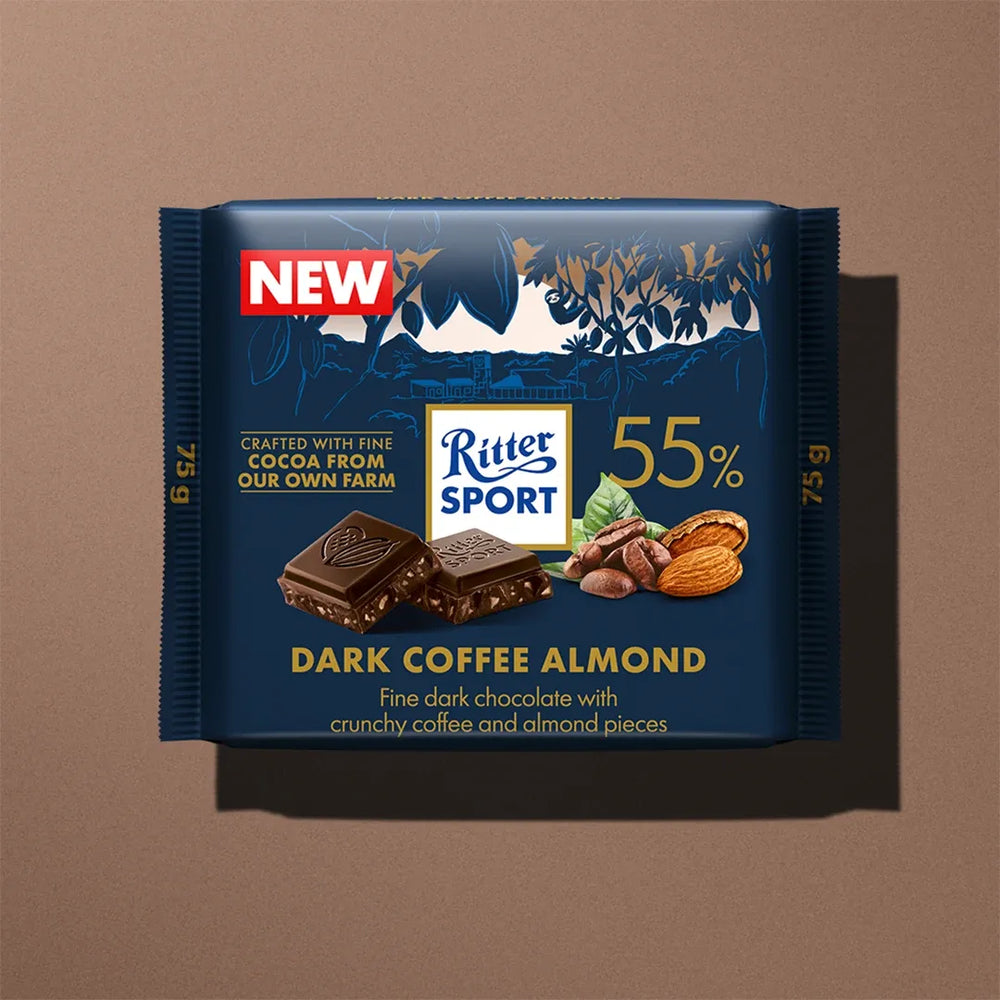 Ritter Sport 55% Dark Coffee Almond chocolate package on a brown background