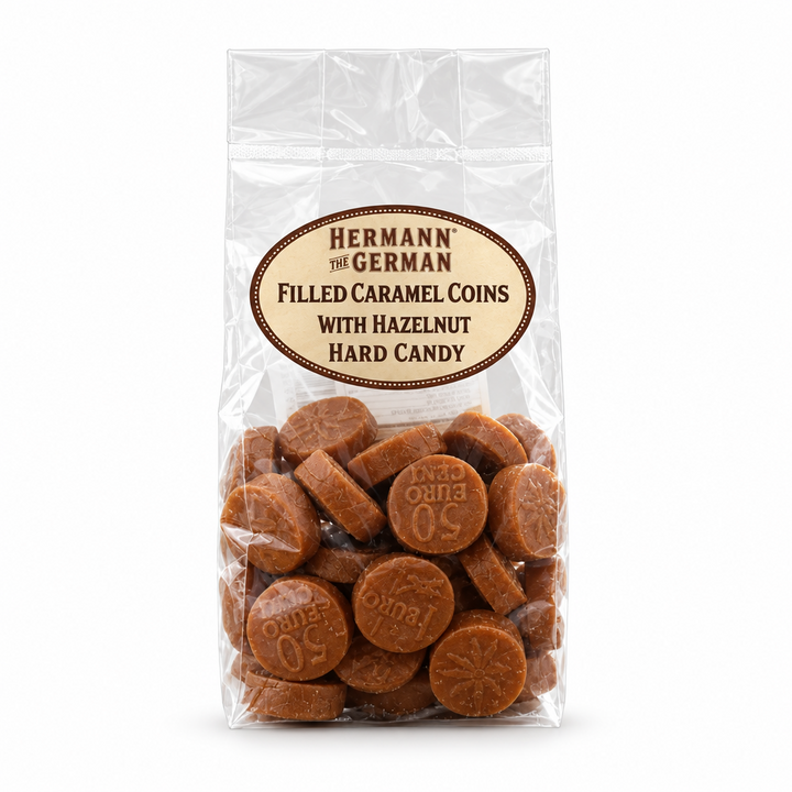 Hermann the German Filled Caramel Coins with Hazelnut Filling Hard Candy package on a white background