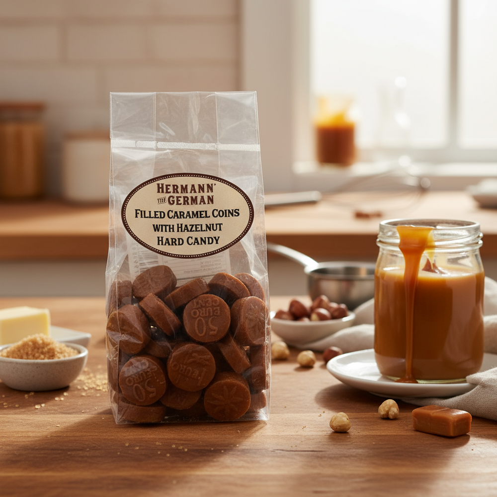 Hermann the German Filled Caramel Coins with Hazelnut Filling Hard Candy