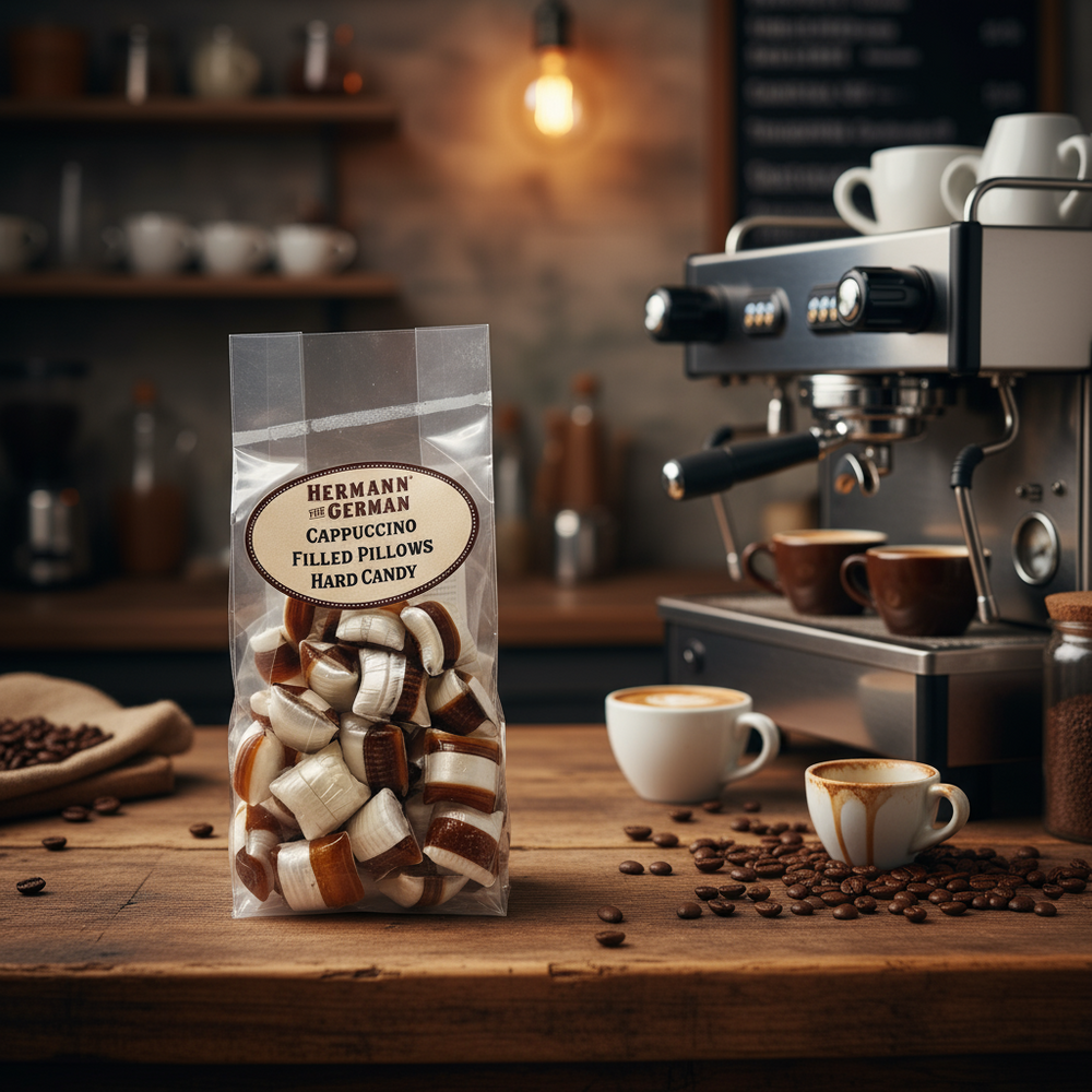 Hermann the German Cappuccino Filled Pillows Hard Candy bag beside an espresso machine