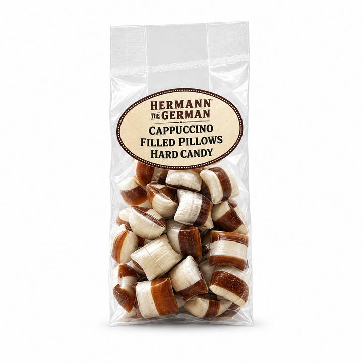 Hermann the German Cappuccino Filled Pillows Hard Candy bag on a white background