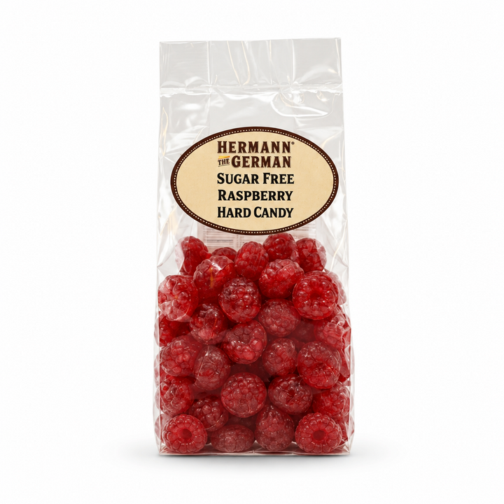 Hermann The German Sugar-Free Raspberry Candy package on a white background