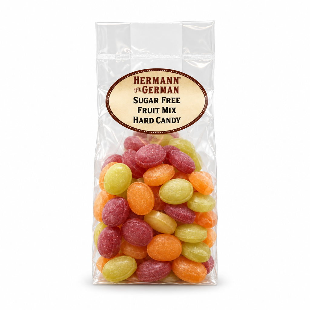 Hermann the German Sugar Free Fruit Mix package on a white background