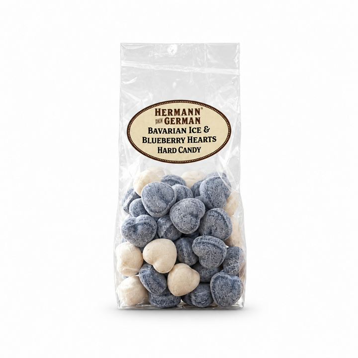 Hermann the German Bavarian Ice and Blueberry Hearts package on a white background