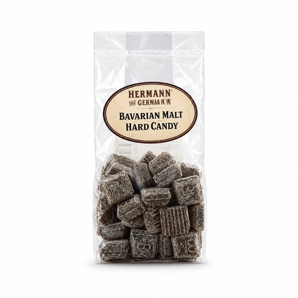 Hermann the German Bavarian Malt Hard Candy package on a white background