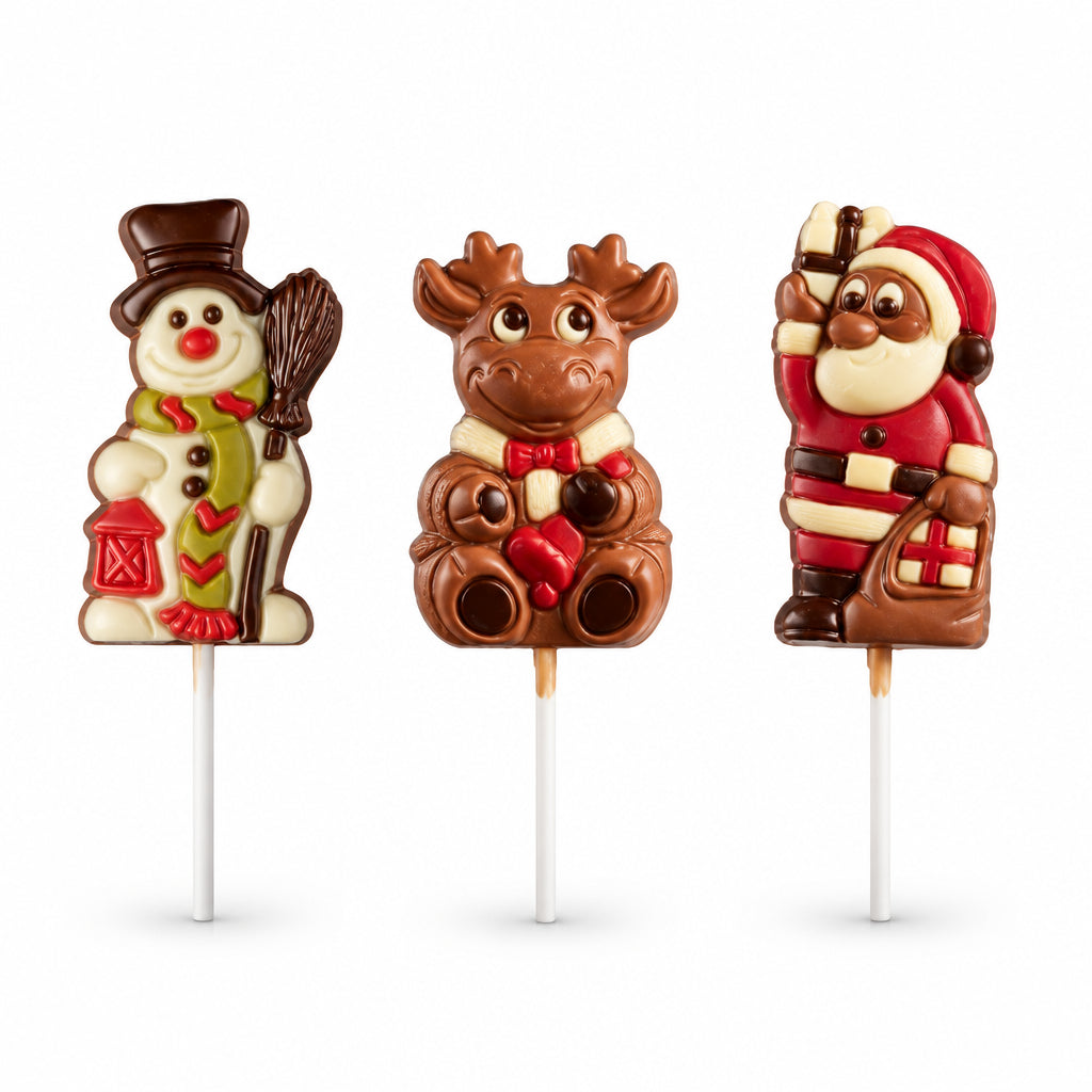 Ickx snowman, reindeer and Santa chocolate lollipops on a white background