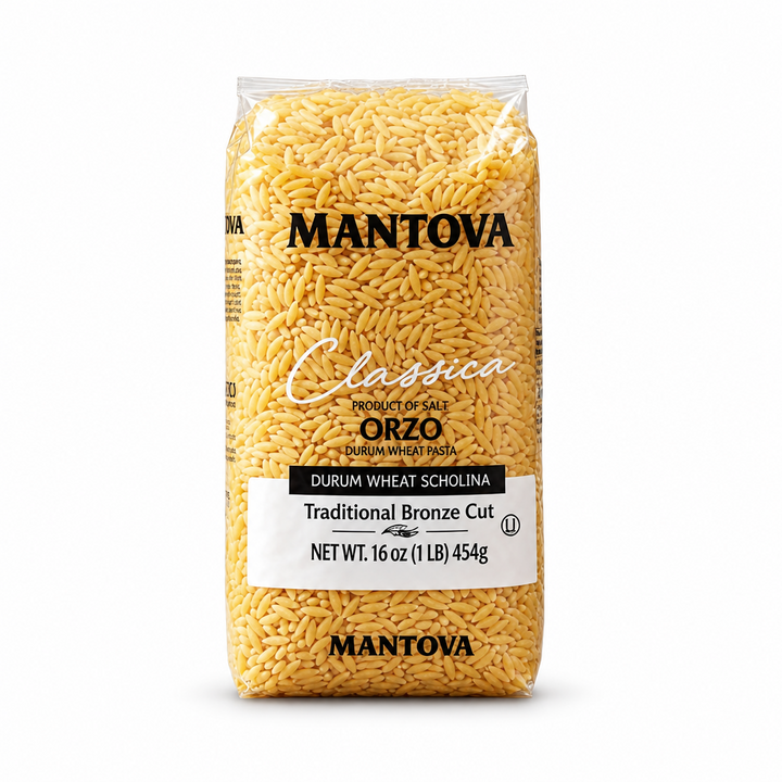 Mantova Bronze Cut Orzo pasta, 454 g bag, front view