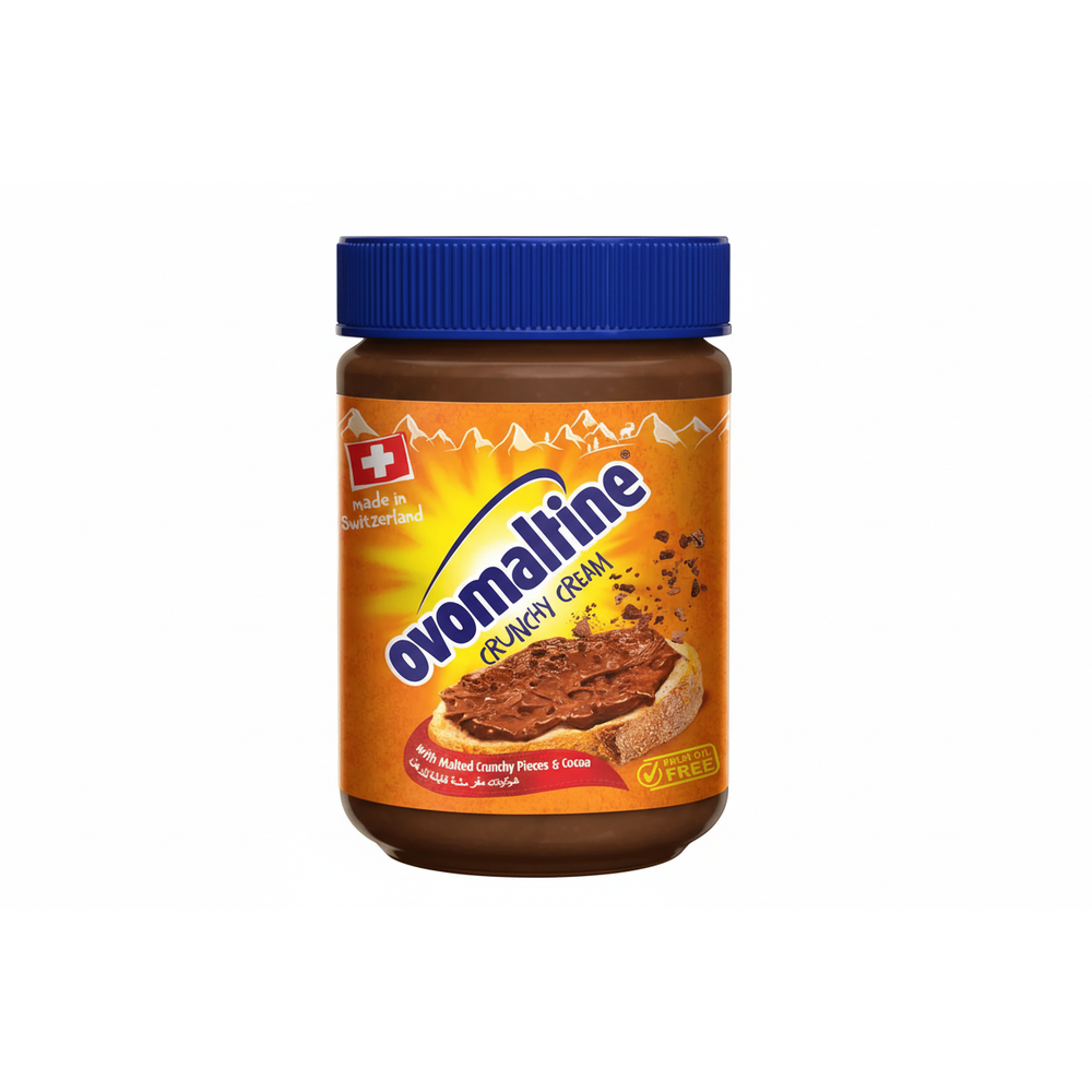 Jar of Ovomaltine Crunchy Cream on an orange background