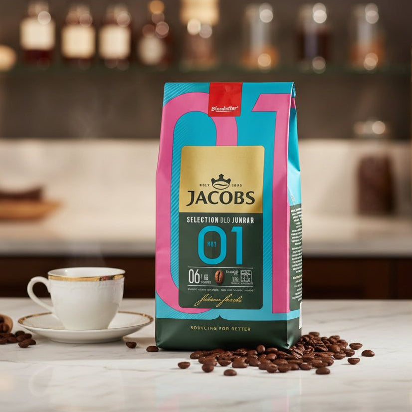Jacobs Selection of the Year No. 1 whole bean coffee bag with cup and coffee beans